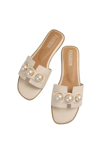 GORGLITTER Women's Pearls Flat Sandals Square Toe Slides Open Toe Dressy Slip On Shoes 2025