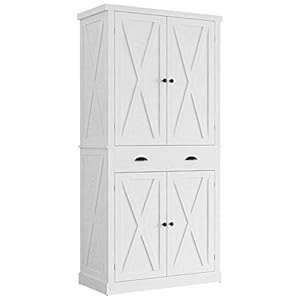 IRONCK Kitchen Pantry Storage Cabinet 72.6″ H, with Barn Doors, Drawer, 4 Adjustable Shelves, Freestanding Cupboard for Dining Room Living Room, Laundry, White