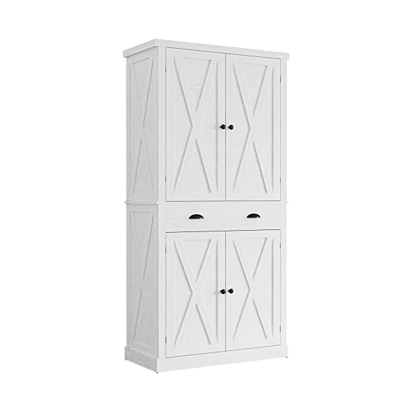 IRONCK Kitchen Pantry Storage Cabinet 72" Height, with Barn Doors, Drawer, 4 Adjustable Shelves, Freestanding Cupboard for Dining Room Living Room, Laundry, White