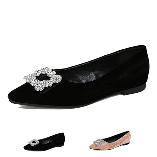 Image of Women's Rhinestones Pointed Top Suede Flats Shoes,Comfort Slip on Flat Loafers Fashion Sparkly Wedding Party Ballerina Dress Shoes