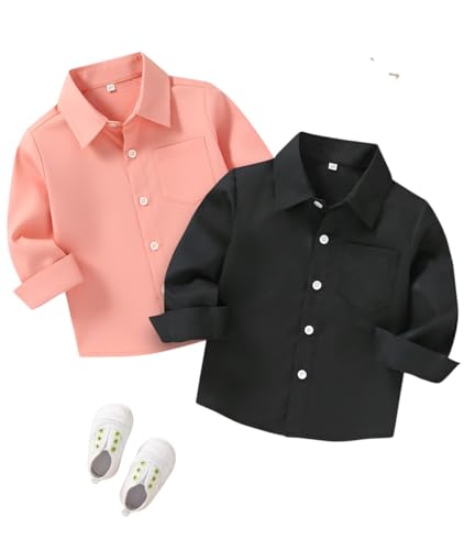 Image of Boys Shirt, Black and White Plaid and Light Blue Solid, Long Sleeve Button-Up, 2 Pack