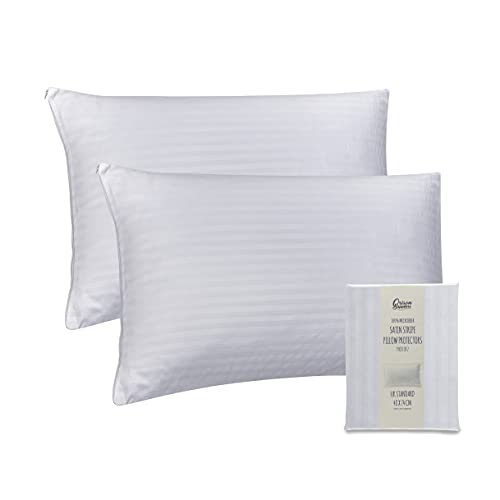 Orison Sapphire Pillow Protectors 2 Pack | 100% Microfiber Ultra Soft Satin Stripe Pillow Cases | Anti Allergy & Anti Dust Mite Breathable & Zipped White Pillow Covers | UK Standard Size 48x74 CM