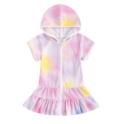Kid Girls Swim Cover Up Kid Hooded Zip-Up Terry Swimsuit Coverup Towel Bathing Suit Bathrobe Pool Beach Robe Dress