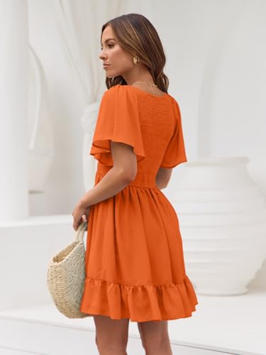 Image of LILLUSORY Women's Flowy Casual Mini Dresses 2026 Summer Graduation Smocked V Neck Vacation Dress Dress with Pockets