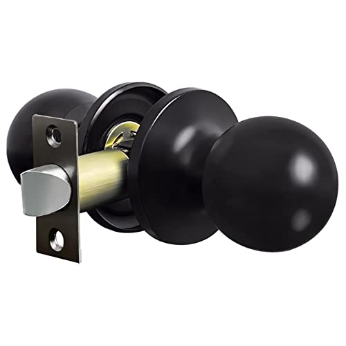 Bestten Passage Door Knob For Hall/Closet, All Metal, Interior Keyless Non Locking Round Door Knob, Matte Black #TOP5