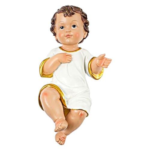 Acan Tradineur - Figura del niño Jesus - Diseño con Toga Blanca con Bordes Dorados - Fabricado en Resina - Decoración navideña para pesebres - 14,5 cm