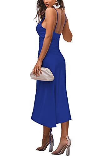 Image of LYANER Women's Satin Spaghetti Straps Cowl Neck Sexy Ruch Cocktail Midi Dresses