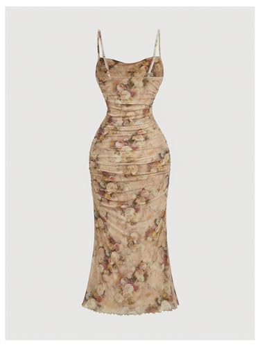 GORGLITTER Women's Floral Ruched Bodycon Midi Dress Mesh Sleeveless Fishtail Cami Dresses2