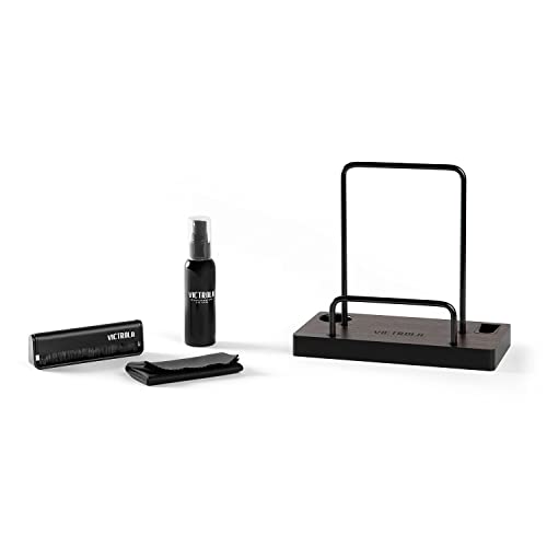 Image of Victrola 'The Kit' - A Vinyl Record Cleaning Kit, Doubles as a Record Stand, Includes Anti-Static Brush, Cleaning Solution, Cloth, Espresso Wood Finish Stand with Smart Black Metal Accents