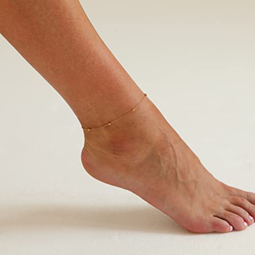 Image of NONAMOIS Ankle Bracelets for Women Dainty 18K Gold Plated Anklet Waterproof Round Beaded Paperclip Herringbone Pearl Chain Anklets Waterproof Beach Foot Jewelry