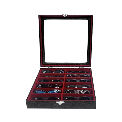 Estojo Porta Óculos 12 Casulos Preto Com Interno Aveludado Vermelho Caixa Organizador Maleta para Óculos