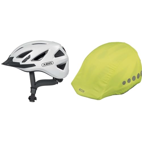 ABUS Stadthelm Urban-I 3.0 - Fahrradhelm mit Rücklicht & Regenkappe für Helme - Regenschutz mit dekorativen Reflektoren und Gummizug - wasserabweisend – Gelb