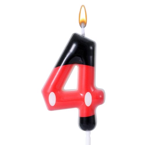Vela Cumpleaños con Número Rojo y Negro, Velas de Cumpleaños con Números de Temática de Dibujos Animados Vela de Cumpleaños con Número de Ratón Rojo de Parafina Adorno para Tarta (Número 4)