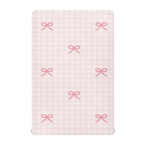 Image of Fitted Crib Sheets Pink Checkered and Bows Stretchy Portable Playard Sheets for Baby Toddler, Breathable Soft Mini Crib Mattress 39 x 27 in for Boys and Girls