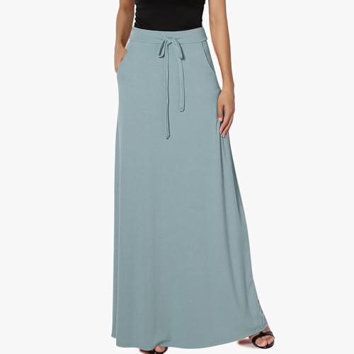 Womens Maxi Skirt Elastic Basic Solid Tie Dye Foldable High Waisted Midi Length Plus Size A-Line Skirts with Pockets(Light Blue,XX-Large)2