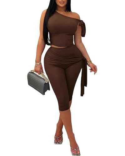 BDFSGS 2 Piece Sets for Women Spring Fashion Off Shoulder Sleeveless Crop Top High Waist Bodycon Capri Pants Vacation Outfits for Women Brown L
