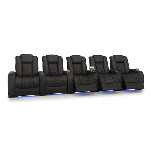 Image of Seatcraft Diamante Home Theater Seating Black Row of 5 | Italian Leather, Wall Hugger, Zero Gravity, Powered Headrest, Power Recline, Zero Gap, USB charging