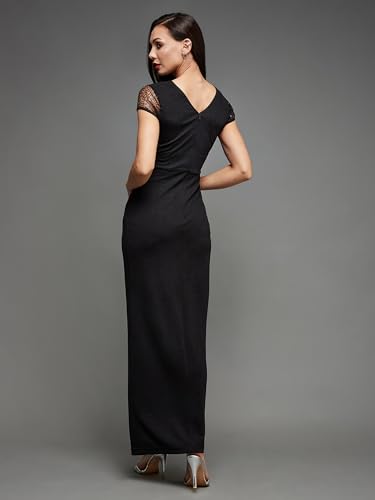 Image of Miss Chase Women's Round Neck Sleeve Embellished Fit Flare Maxi Dress