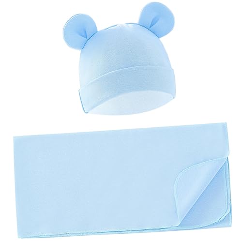 Image of Exemaba Unisex Baby Swaddle Blanket with Hat Set Newborn Swaddle Receiving Blankets Sleep Sack for 0-3 Months Boys Girls(Light Blue)