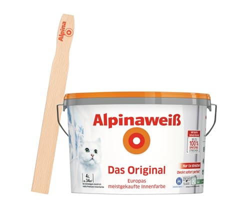 Alpinaweiß Das Original – optimal deckende und ergiebige weiße Wandfarbe – mit Spritz-Schutz-Formel – mit Rührholz (4 Liter)
