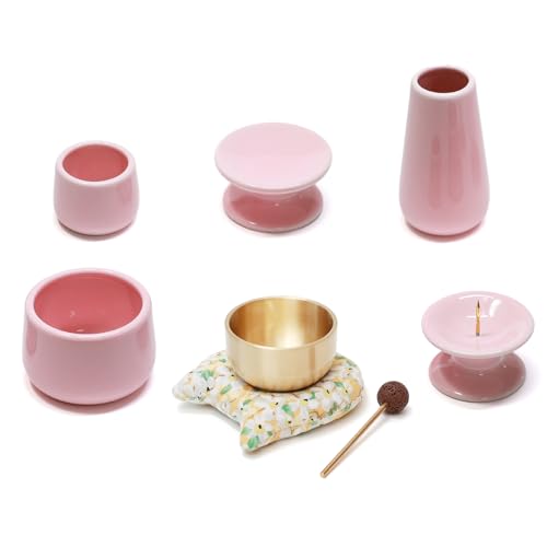 MimoriHive ペット 仏具 五具足 おりんセット 猫 犬 顔 布製台座 ヘアライン仕上げ 指紋防止 防錆コーティング 真鍮製 おりん 陶器 仏壇 手元供養 メモリアル 8点セット ピンク (フラワー3)
