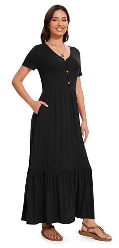 Image of VIISHOW Women's Short Sleeve Maxi Dress 2026 Summer V Neck Knit Loose Plain Empire Waist Casual Dresses with Pockets
