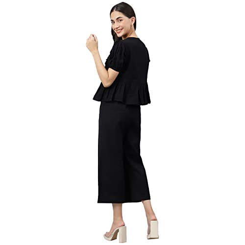 Image of DEEBACO Women's Solid Calf Length Top with Trouser|V-Neck|Short Sleeve|Cord Set for Women Cotton|Jumpsuits Western Dress for Women Stylish|Two Piece Co ord Set|Party Casual Wear(Aqua Blue)