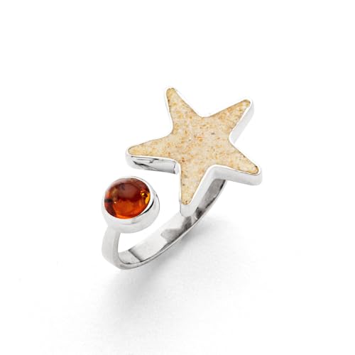 Bague étoile de mer en argent 925 et ambre véritable artisanale de qualité supérieure
