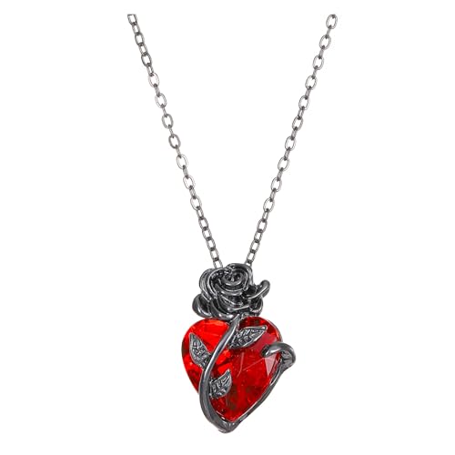 KURTCB Goth Rose Heart Pendant Necklace Earrings Gothic Emo Grunge Vampire Black Rose Necklace for Women Men Halloween Costume