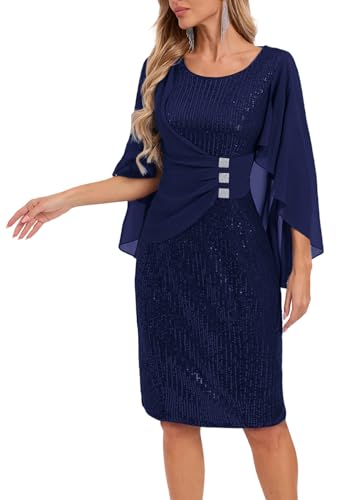 Womens Sequin Cocktail Party Dress Elegance Chiffon Midi Dresses Cape Sleeve Bodycon Dress with Ruffle Asymmetrical Over2