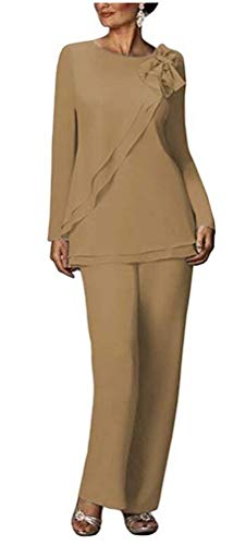 Two Pieces Chiffon Pants Suits for Mother of The Bride Plus Size Women's Outfit Wedding Evening Gowns Khaki US10