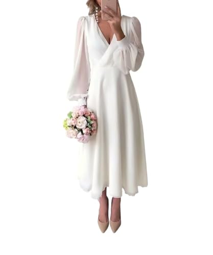 Womens Long Sleeve Tea Length Wedding Dresses for Bride Chiffon V Neck A Line Bridal Party Dress