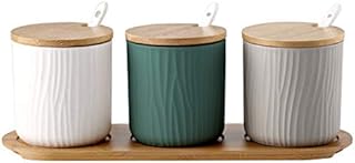 Affogato Ceramic Spice Jars 3pcs Spice Storage Containers With Lids and Spoon 300ml Spice Box With Wooden Spice Rack Kkitchen Tools Small Ceramic Condiment Jar Wooden Lid