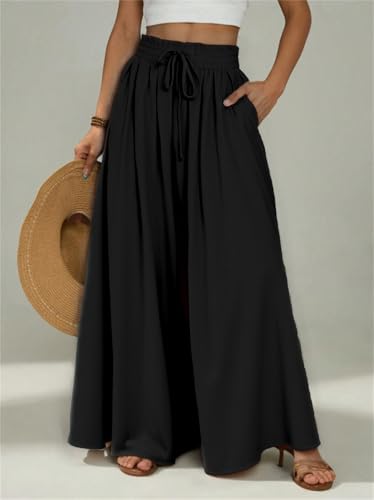 Pantalones Casuales para Mujer, de Pierna Ancha, Cintura Alta, Ajustable, con Nudo, Holgados, para Vacaciones, Negro, Large