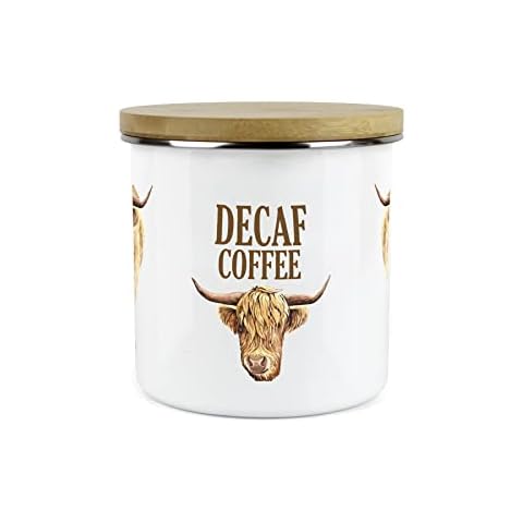Purely Home Highland Cow Decaf Coffee Canister - White Metal Enamel Kitchen Food Storage Container Cover