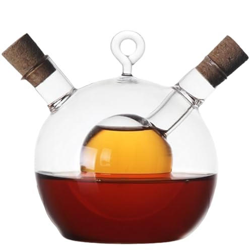 Dispensador de aceite y vinagre Set 2 en 1 Botella de dispensador de aceite y vinagre 350 ml+50 ml de aceite de vidrio y botella de vinagre en forma de bola de 4x4.5 pulgadas con tapón de corcho.