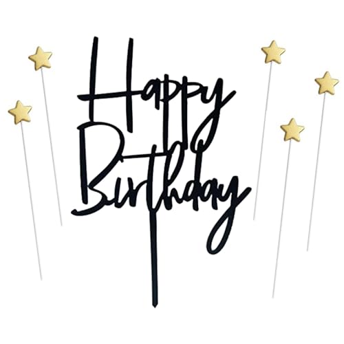 ZHENGYE Juego de 1 decoración acrílica negra para tarta de feliz cumpleaños y 5 piezas doradas planas en forma de estrella para decoración de tartas para baby shower, decoraciones de cumpleaños (negro