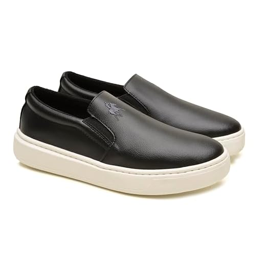 Sapatenis Casual Masculino Polo London Club, Tênis Slip On Iate sem Cadarço Cano Baixo Couro ECO Confort, Preto (Preto, BR, Adulto, Numérico, 37)