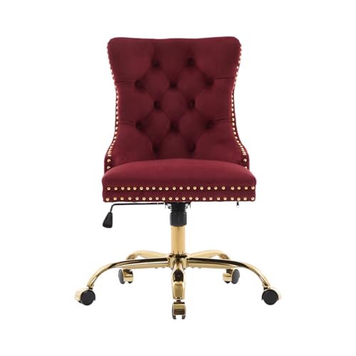 Velvet Home Office Chair with Wheels & Gold Base, Cute Makeup Vanity Chair with Tufted Back for Bedroom, Upholstered Adjustable Swivel Comfy Desk Chair for Girls Women, Burgundy