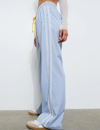 Gozoloma Women's Striped Pants Side Lace Design Wide Leg Trousers with Pockets4