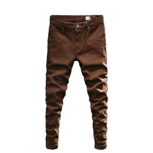 Mens Jeans Khaki Brown Elastic Slim Fit Stretch Jeans Men Vintage Trousers Korean Simple Casual Denim Pants