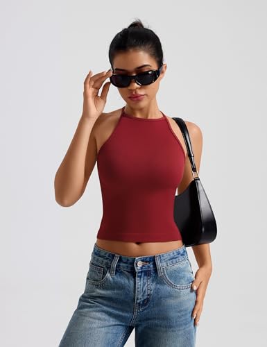 TDIFFUN Women Crop Tank Tops 2 Piece High Neck Seamless Ribbed Sleeveless Racerback Summer Going Out Basic Casual Workout Top (Black Wine, Large) — view 2