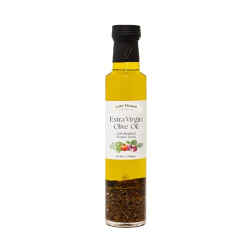 Image of Lesley Elizabeth Extra Virgin Olive Oil with Sundried Tomato & Garlic, 8.5 fl oz - Small-Batch Mediterranean-Style Infused EVOO for Drizzling, Dipping, Marinades & Everyday Cooking - All-Natural, Plant-Based Ingredients