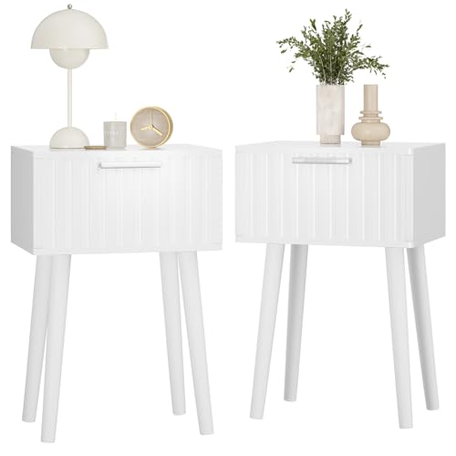 YMYNY Mesita de Noche de Madera Ondulada, Juego de 2, Pequeña Mesa Auxiliar, Mesilla de Noche con Cajón, Piernas de Madera Maciza, Cadena de fijación, para Dormitorio, Salón, Blanco HST014W-2