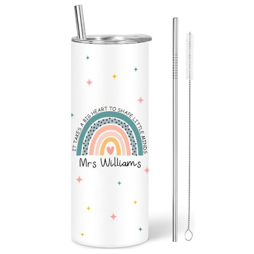 EKAM Personalised Teacher Gift 20oz Stainless Steel Tumbler with Straw & Lid Custom Name Teacher Appreciation Travel Mug It Takes a Big Heart to Shape Little Minds Cup End of School Year Gift