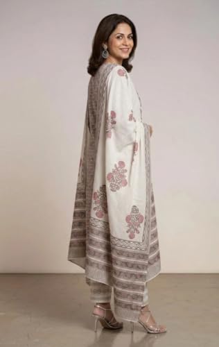 Image of Eddika women unstitched hand block printed cotton suit set with mulmul dupatta ehbpcswmd0120P
