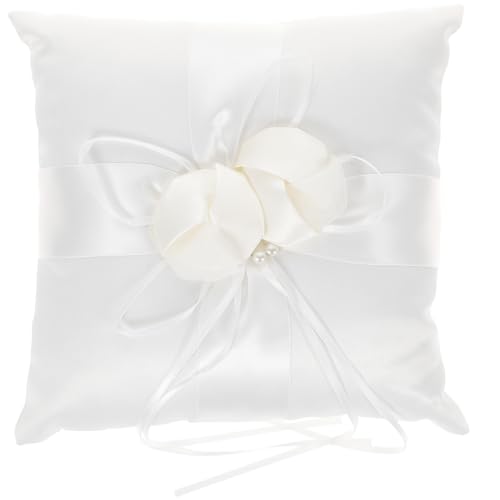 VILLCASE Bridal Wedding Ring Pillow 7.5 Inch Satin Cushion with Faux Pearls and Flower Bud Decoration Ribbon Strap for Ring Bearer Ceremony and Party
