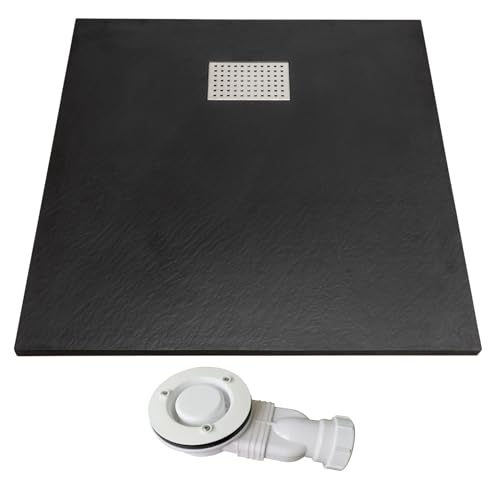 Thermopanel SMC Black Shower Trays Base Slate Stone Effect Textured Non Slip with Low Profile Waste and Stainless Steel Cover - 1200 x 700mm
