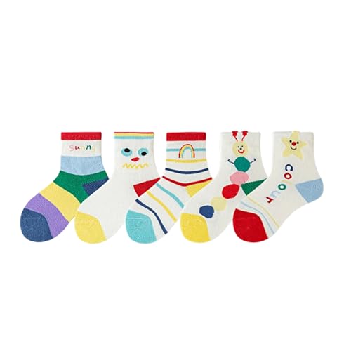 Kids Socks Ribbed Cuffs Crew Socks Mid-Calf Cartoon Animals Flower Colorful Socks for Kids 5 Pairs