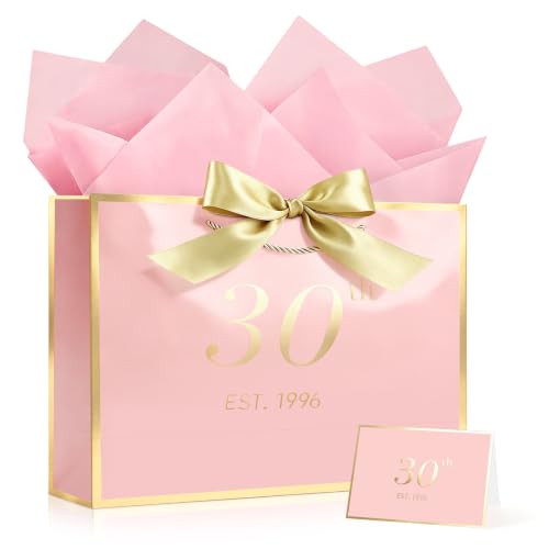Image of JMANNI Birthday Gift Bag with Card and Tissue Paper for Men Women Him, Elegant Pink Gold Anniversary Keepsake Party Present Shopping Paper Bags for Gifts Wrapping Pink / 13 inch Large /EST.1996 30th